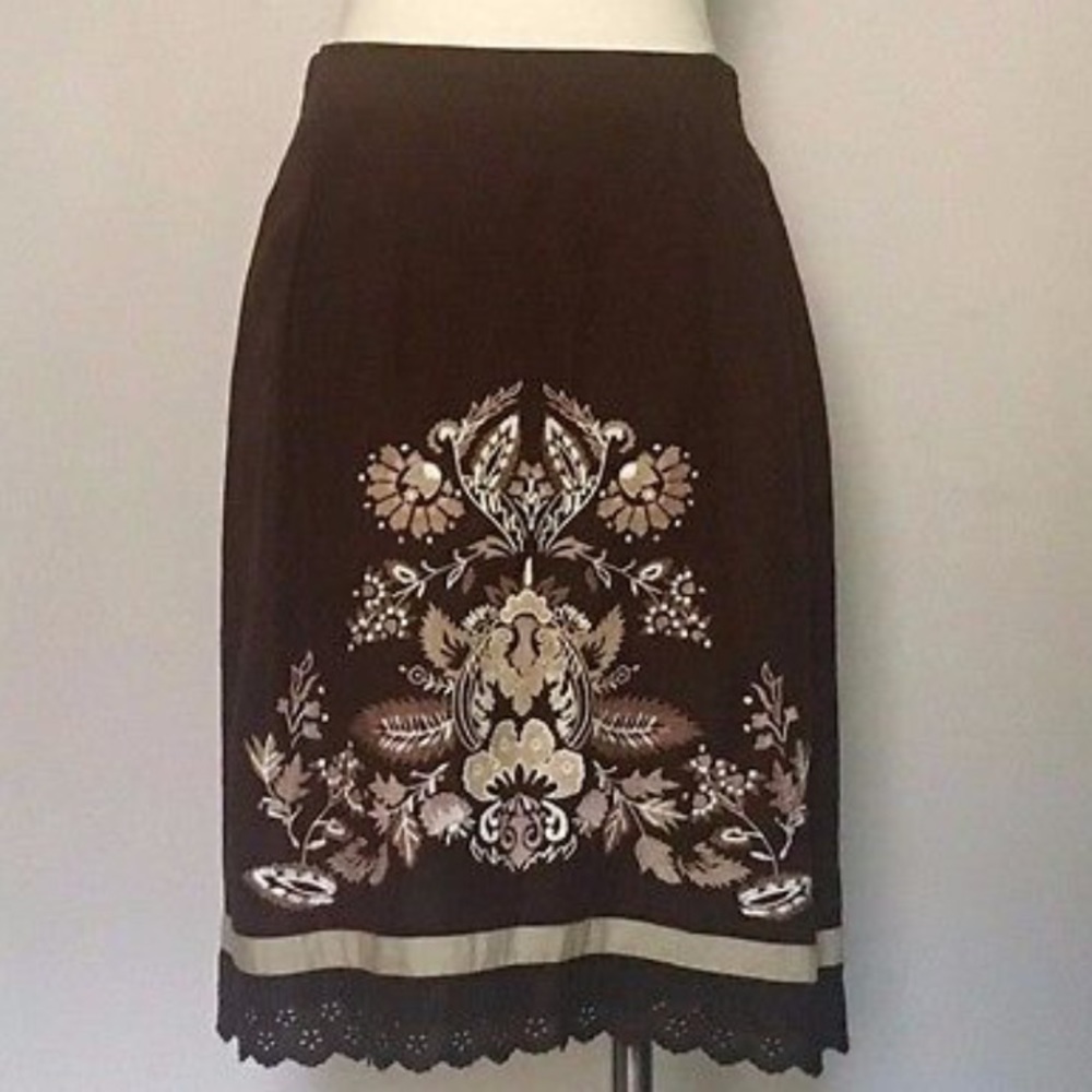 Floral Embroided Linen Blend Chocolate Brown Skirt